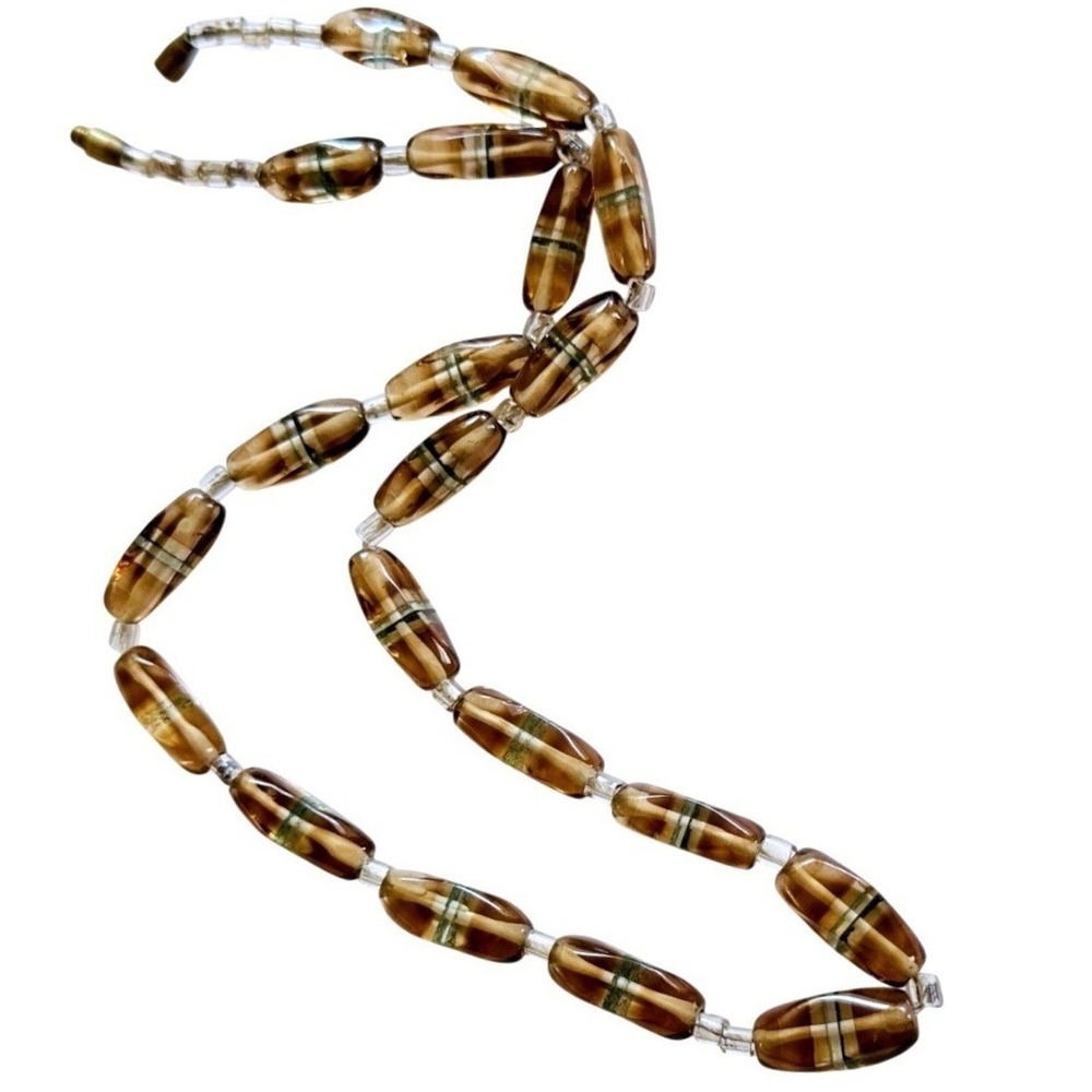 VTG Art Deco glass Necklace Beaded Beads Estate Stripe‎ Brown Green Choker 16"